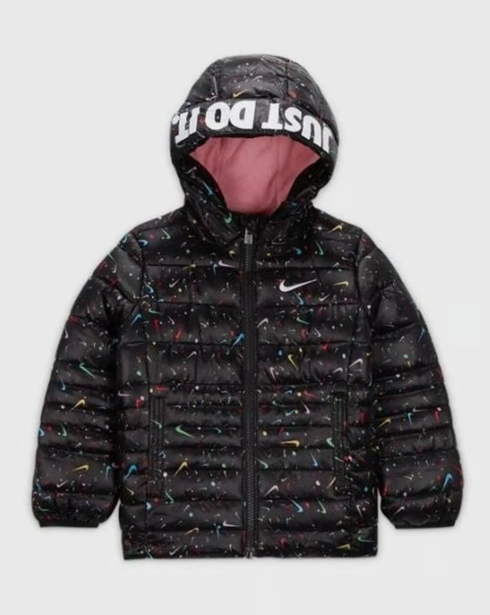 NIKE Girl's Just Do It Printed Puffer Jacket Size 6X Black Confetti NWOT